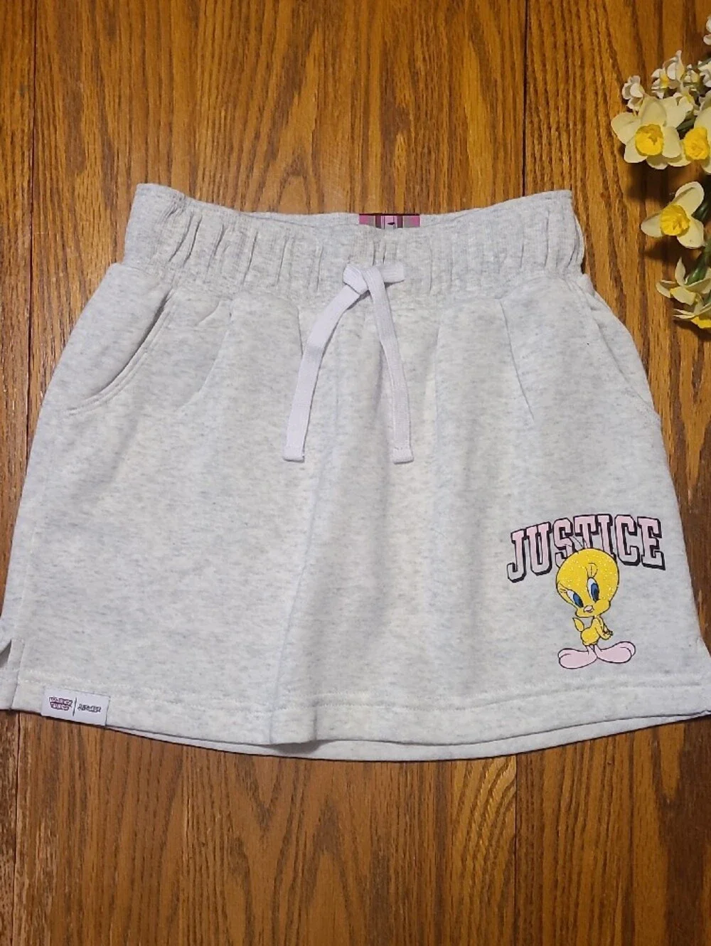 Justice NWT Light Grey Tweety Drawstring Skirt with Logo - 7/8